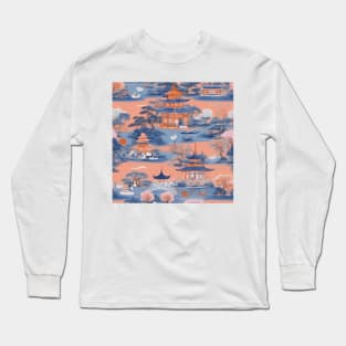 Orange and blue chinoiserie pattern Long Sleeve T-Shirt